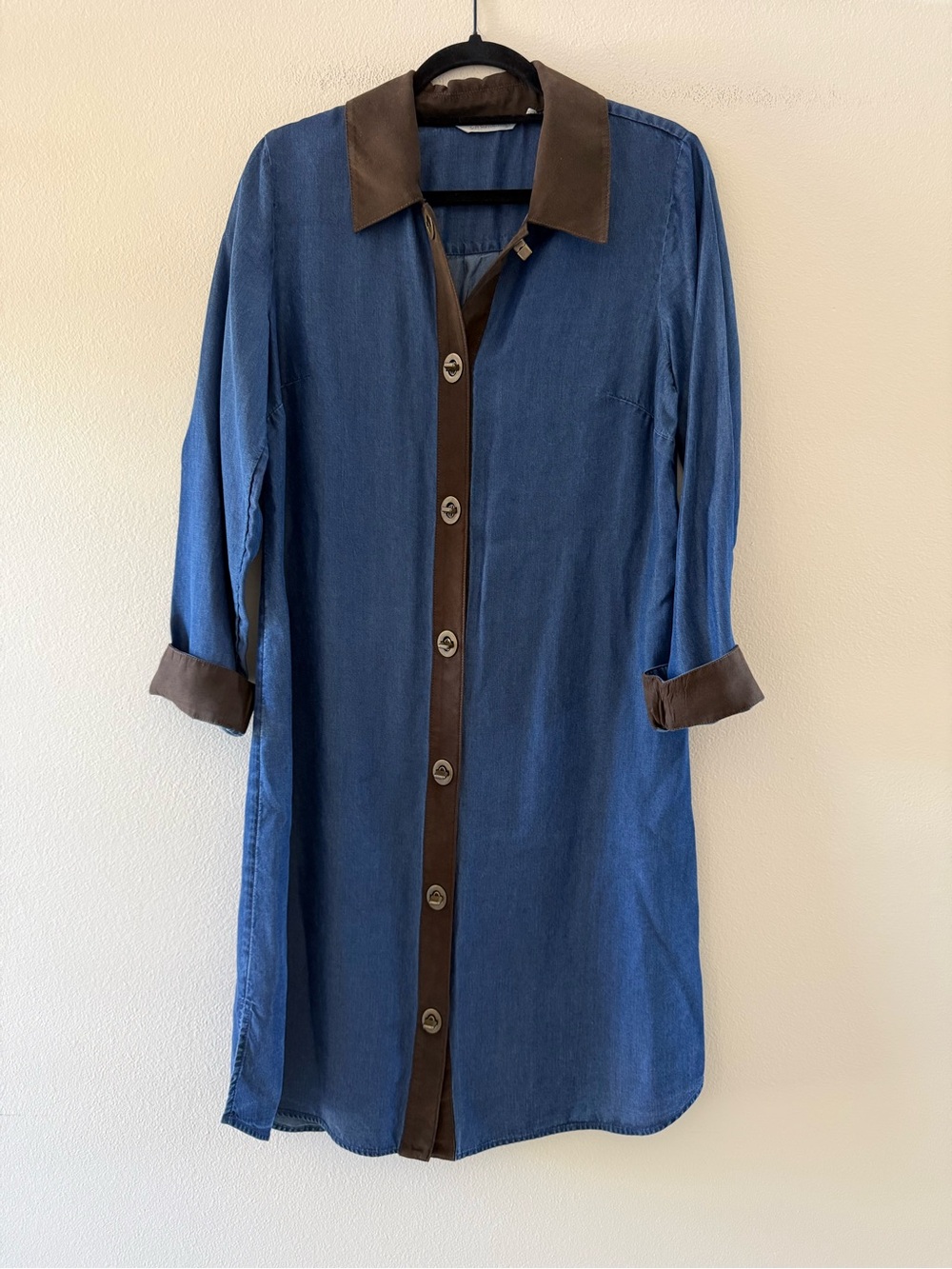 Soft Surroundings Urbina Icon Blue Tencel Shirt Dress with Faux Suede Brown Trim